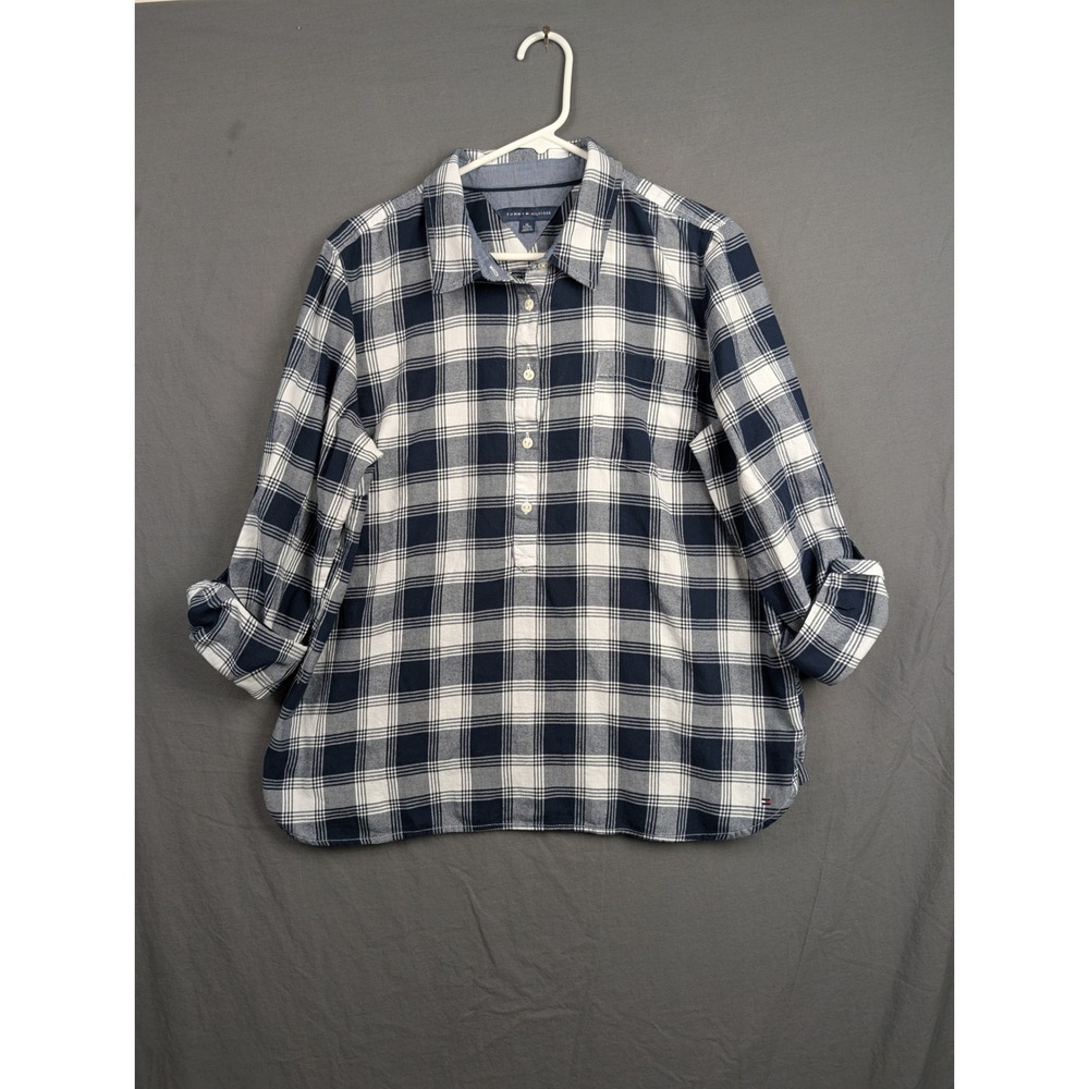 Tommy Hilfiger Womens XL Blue White Plaid‎ Cotton Popover Shirt Blouse